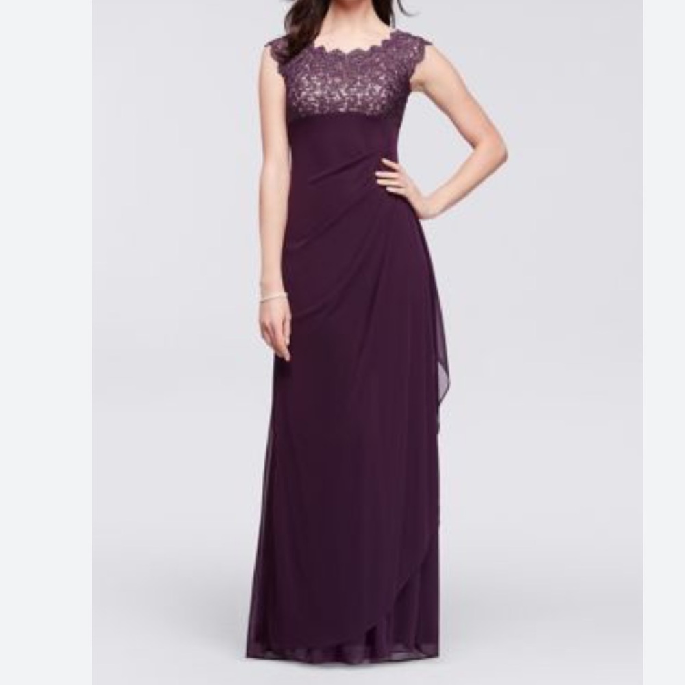 Xscape Dress Plus Size 18W Lace Bodice Cap Sleeve Mesh Ruching Color Plum Women